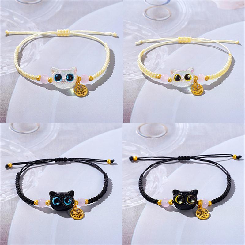 Lucky Blue Big Eye Black Cat Bracelets for Women Men  Cartoon Animal Handmade Braided Bracelets Couple Jewelry Gifts