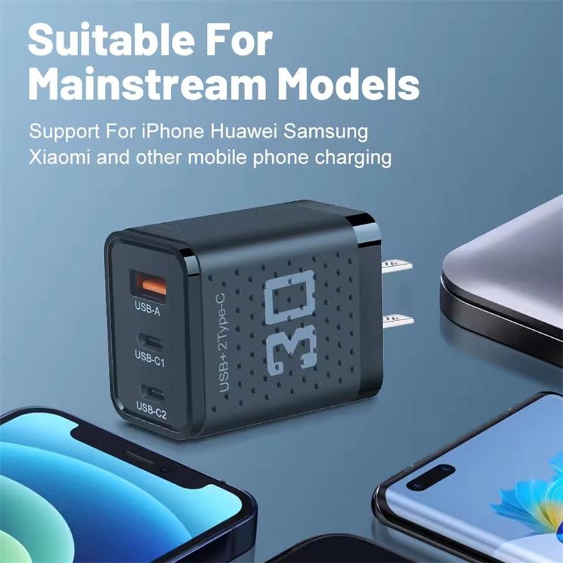 USB Type C Charger 30W 3 Port Fast Charging Phone Charger Adapter For iPhone Samsung Xiaomi Huawei QC3.0 EU/US Plug Wall Charger