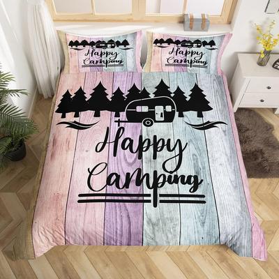 Happy Camping Duvet Cover Queen for Boys,Teens,Adult, Rustic Farmhouse Style Bedding Set, Vintage Old Barn Door Comforter Cover