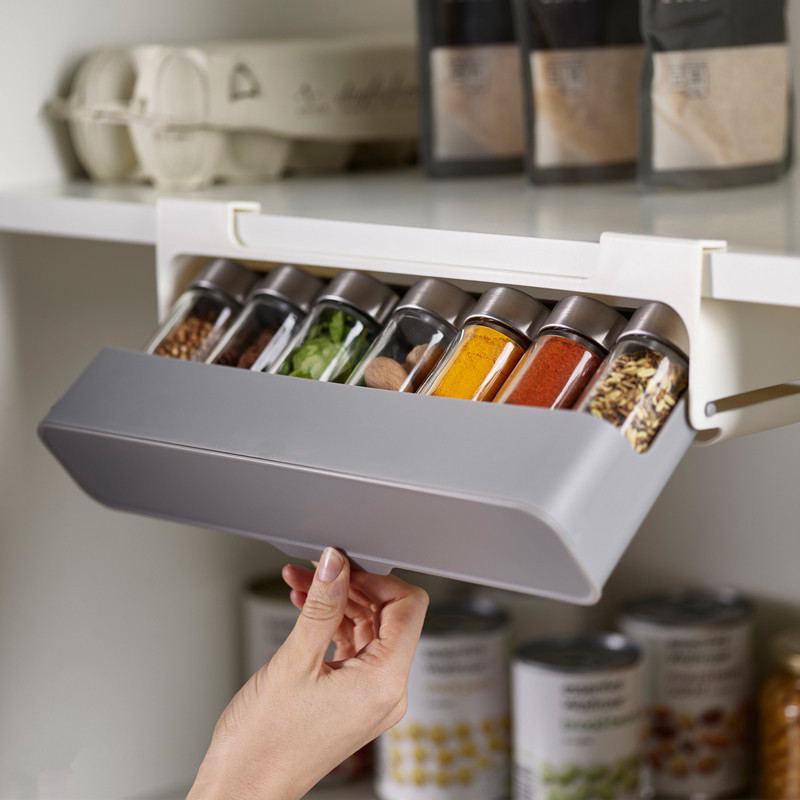 Punch-Free Hanging Seasoning Box Set: Multi-Functional Pull-Down Storage for MSG, Salt, and More.