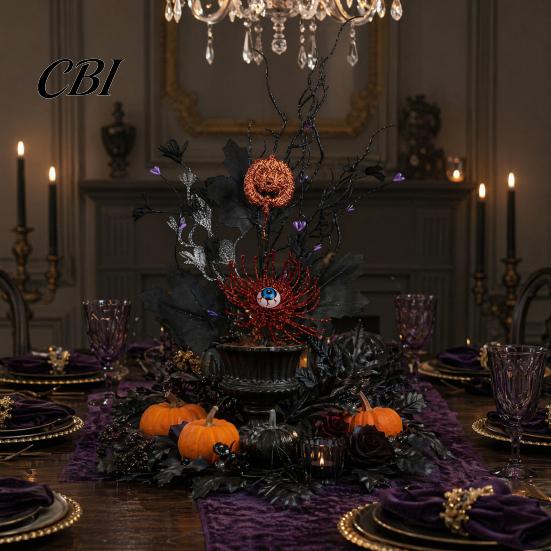 Matte Black Maple Leaves Branch Halloween Artificial Stem, Glitter Fake Twig with Pumpkin, Eyeball, Multi-branch Bouquet for Party, Indoor Table