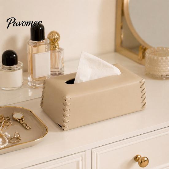 Nordic Style Tissue Box PU Leather Holder, with Hand-stitched Edges Design, Modern Smooth Paper Extraction Case for Home Office Decorative Holder