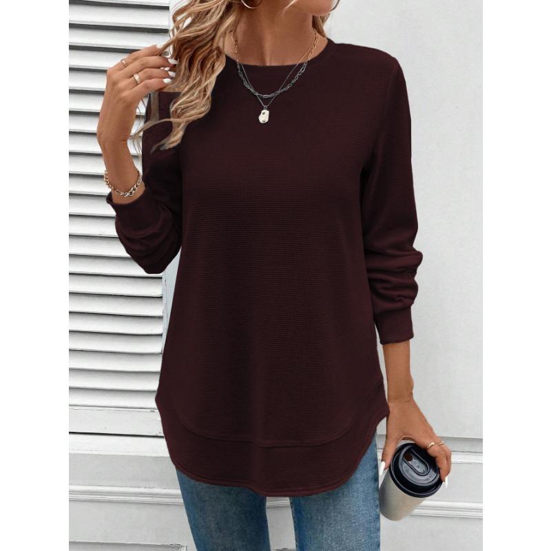 

Women s Waffle Knit Long Sleeve T-Shirt Crew Neck Loose Fit Layered Hem Casual Top 4XL коричневий
