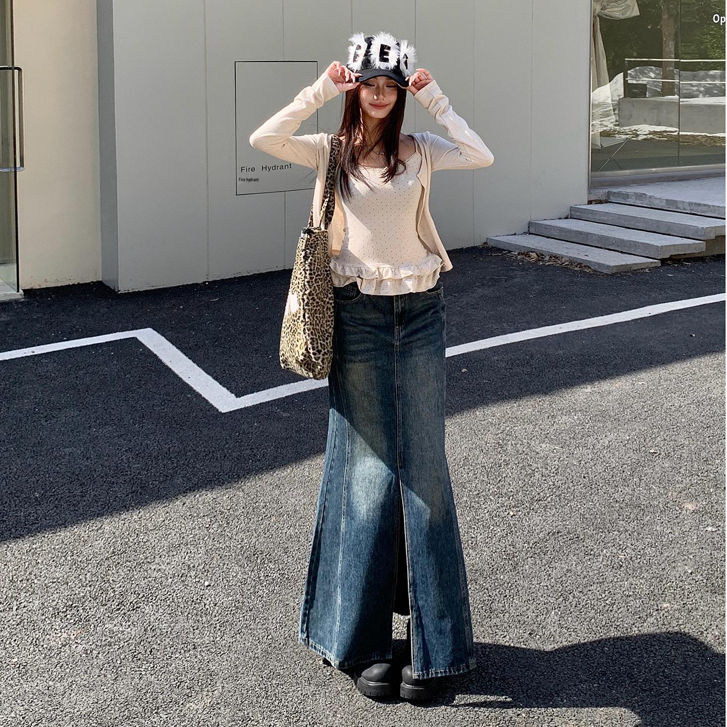 Women s Retro High-Waisted Denim Skirt with Front Slit - Spring 2026 Versatile, Slimming, Hip-Hugging Style Extra Large