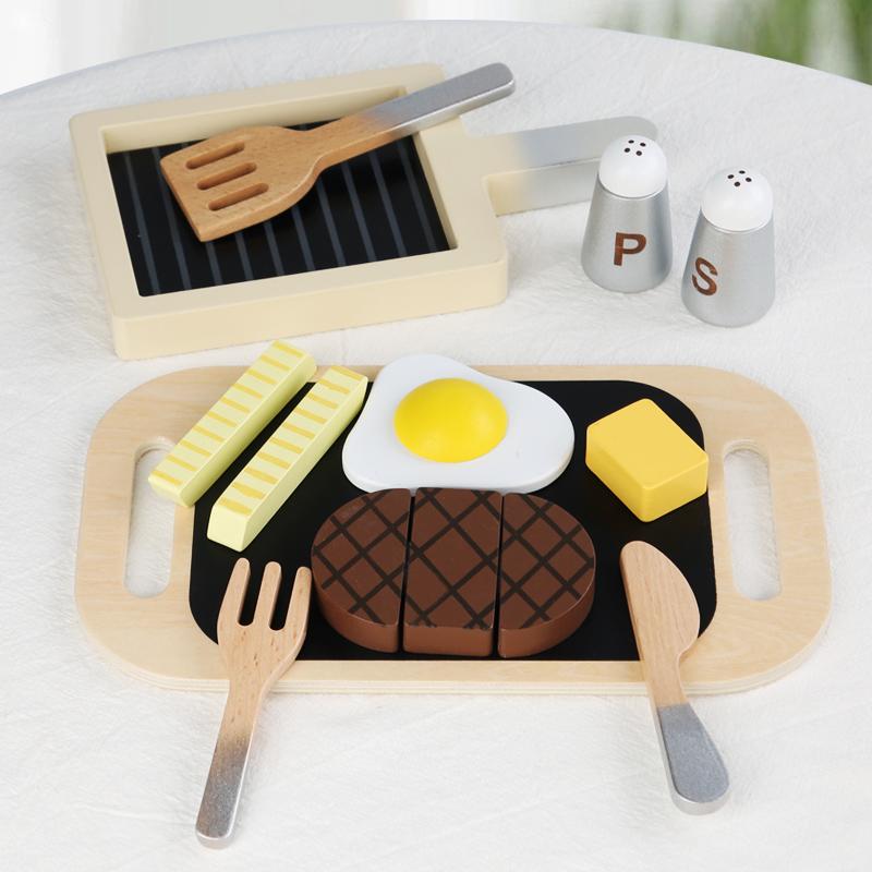 Children s simulation fried steak toys, wooden simulation kitchen, steak, role-playing, early education educational toys