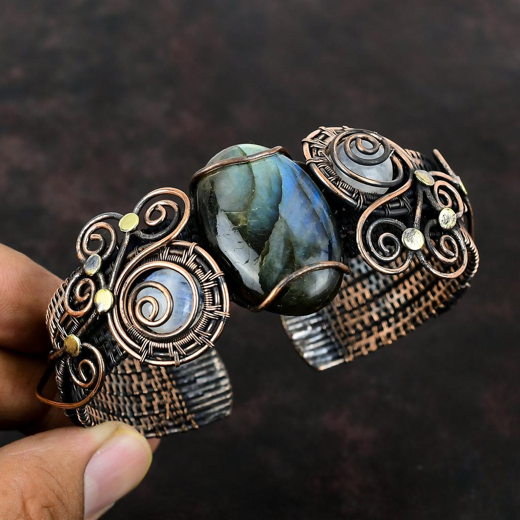 Labradorite Cuff Bracelet Copper Wire Wrapped Bangle Rainbow Moonstone Bangle Gemstone Adjustable Cuff Handmade Copper Jewelry Gift For Him