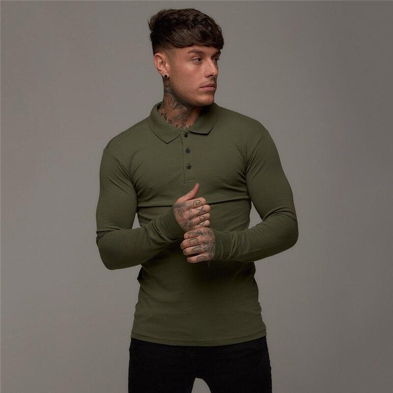 Muscleguys Spring and Autumn Comfortable Long Sleeve Polo Shirt Men Turn-over Collar Fashion Breathable Business Casual Tops Solid Color