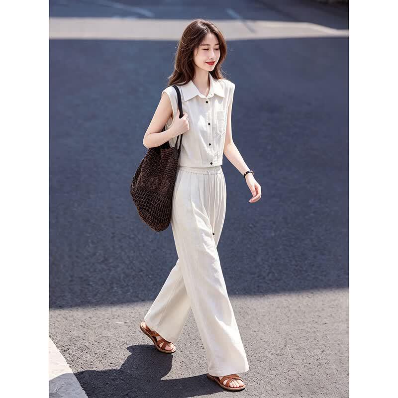 Women's French Casual Linen Blend Sleeveless Set