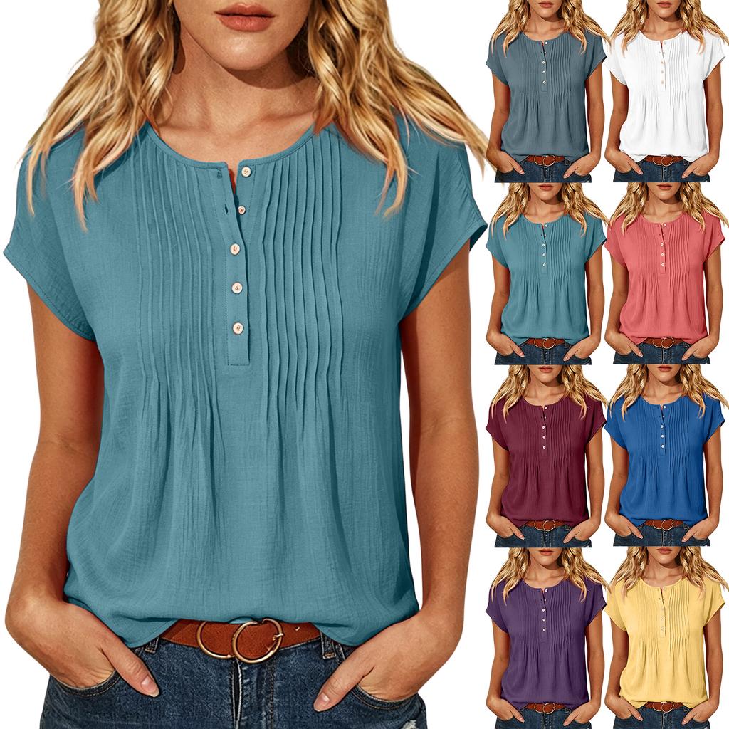 Women's Casual Color Button Front Round Neck Short Sleeve Blouse for Everyday Wear