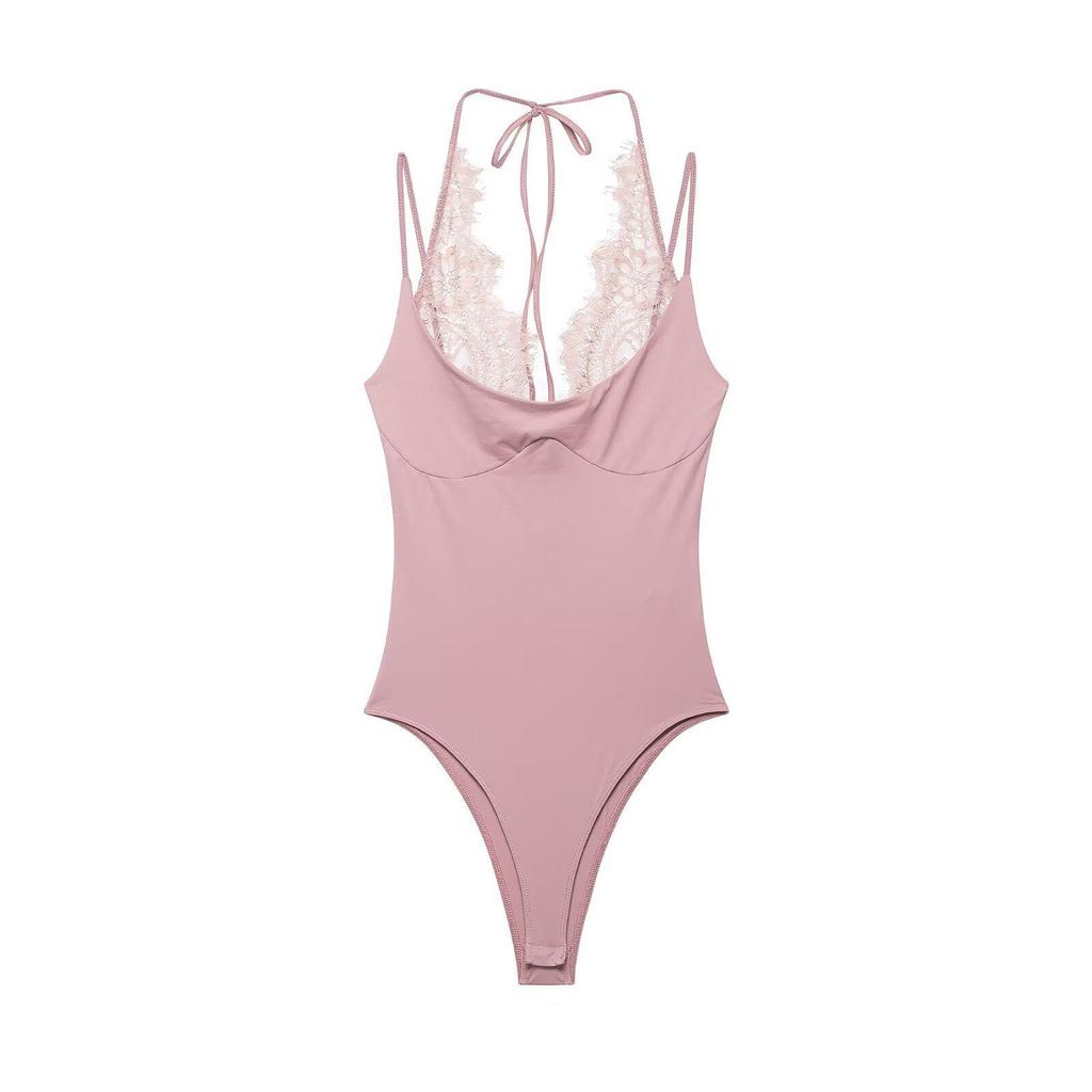 Europæisk & Amerikansk Kvinders Patchwork Blonder Halterneck Bodystocking - Populært Mode