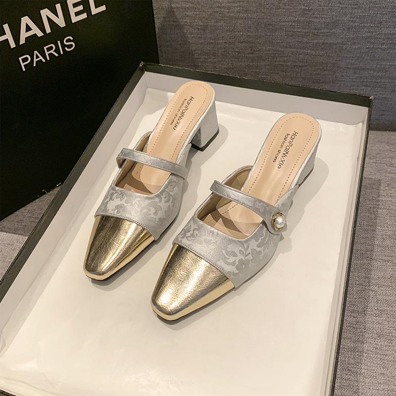 Spitze Zehenpartie Taschenkopf Französische Halbschuhe draußen Damenschuhe Frühling flach lässig Mary Jane Pedale Sandalen Tide