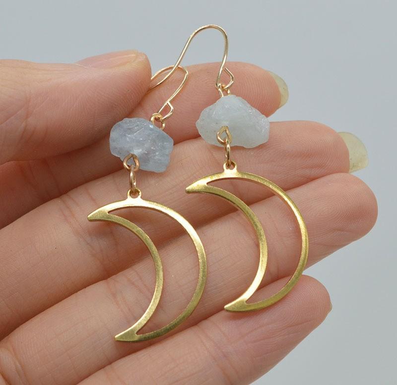 Exquisite Simple Gold Color Stainless Steel Hollowed-out Crescent Moon Irregular Crystal Dangle Earrings for Women Jewelry Gift