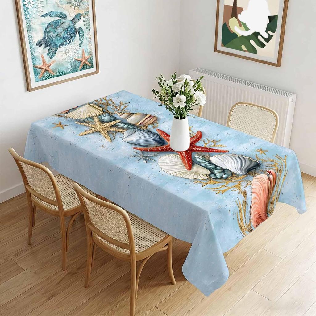 Ocean Starfish Shell Conch Rectangle Tablecloth for Table Decor Blue Gradient Ocean Print Kitchen Dining Table Cloth Party Decor