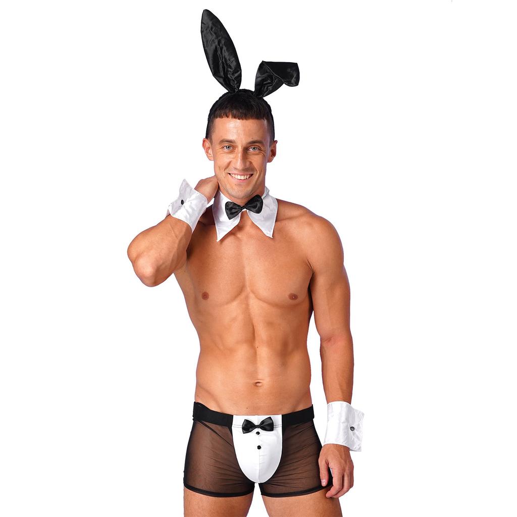 Mens Rabbit Ears See Through Boxer Briefs Underwear Set Halloween Costume