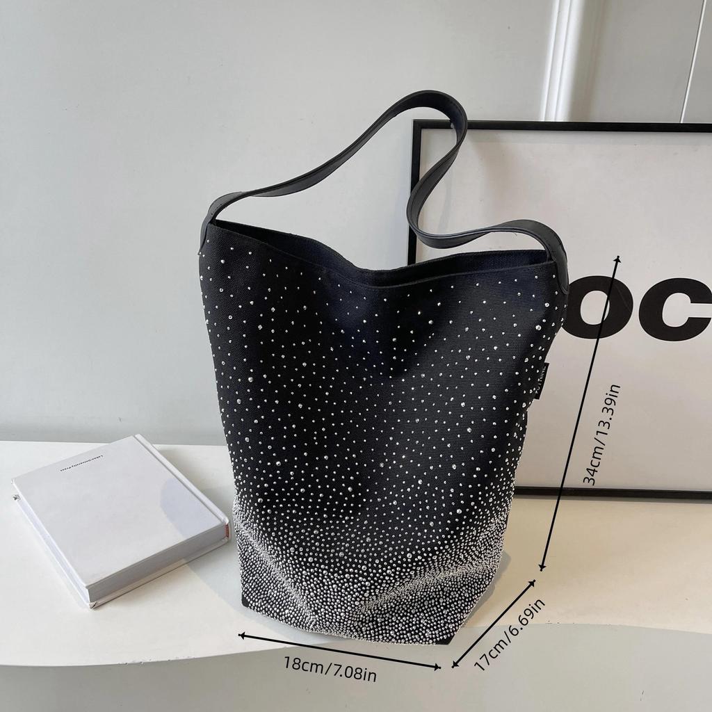 Women'S Glittery Canvas Tote Bag - Large Capacity, Sparkling Diamond Pattern, Zipper Closure, Polyester Lining, Ideal