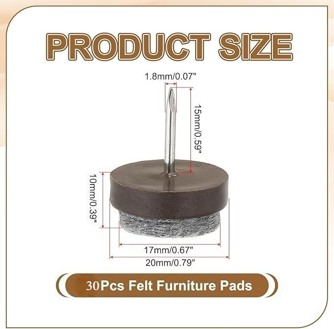 Nail-on Felt Pads, 30 Pcs Round Felt Furniture Sliders Pads Heavy Duty Floor Protectors for Wooden Chair Sofa Table Leg Feet