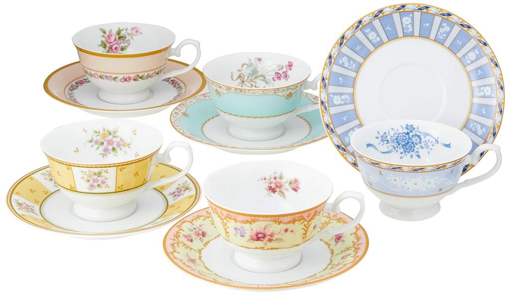 NARUMI Floral Boutique Assorted Cup and Saucer Set, 210cc, Set of 5, Microwave Safe, 41721-33459