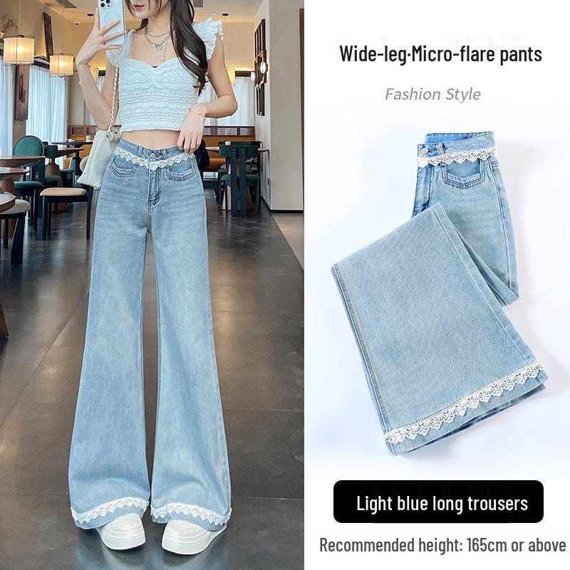 Women s Light Blue Lace Trim Flared Jeans - 2026 Summer Collection, Loose Fit, Wide Leg Bell Bottoms XS