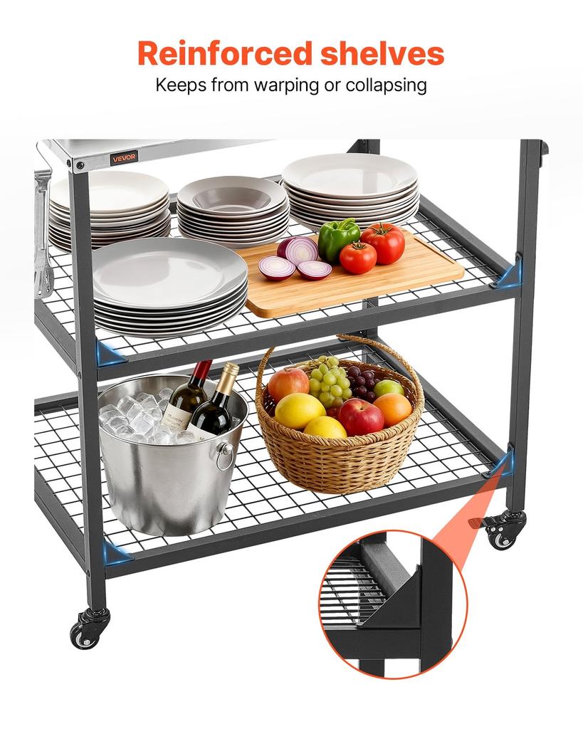 Carro para Parrilla Exterior, Mesa de Parrilla de Acero Inoxidable de 800 x 610 mm, Mesa de Cocina para Exteriores con 4 Ruedas y Asa Lateral, Dos Estantes de Malla, Barbacoa