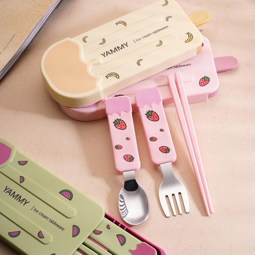 Cartoon Pattern Ice Cream Cutlery Set Reusable Kids Chopsticks Fork Spoon Set Office