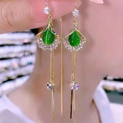 Green Cat Eye Stone Tassel Zircon Earrings