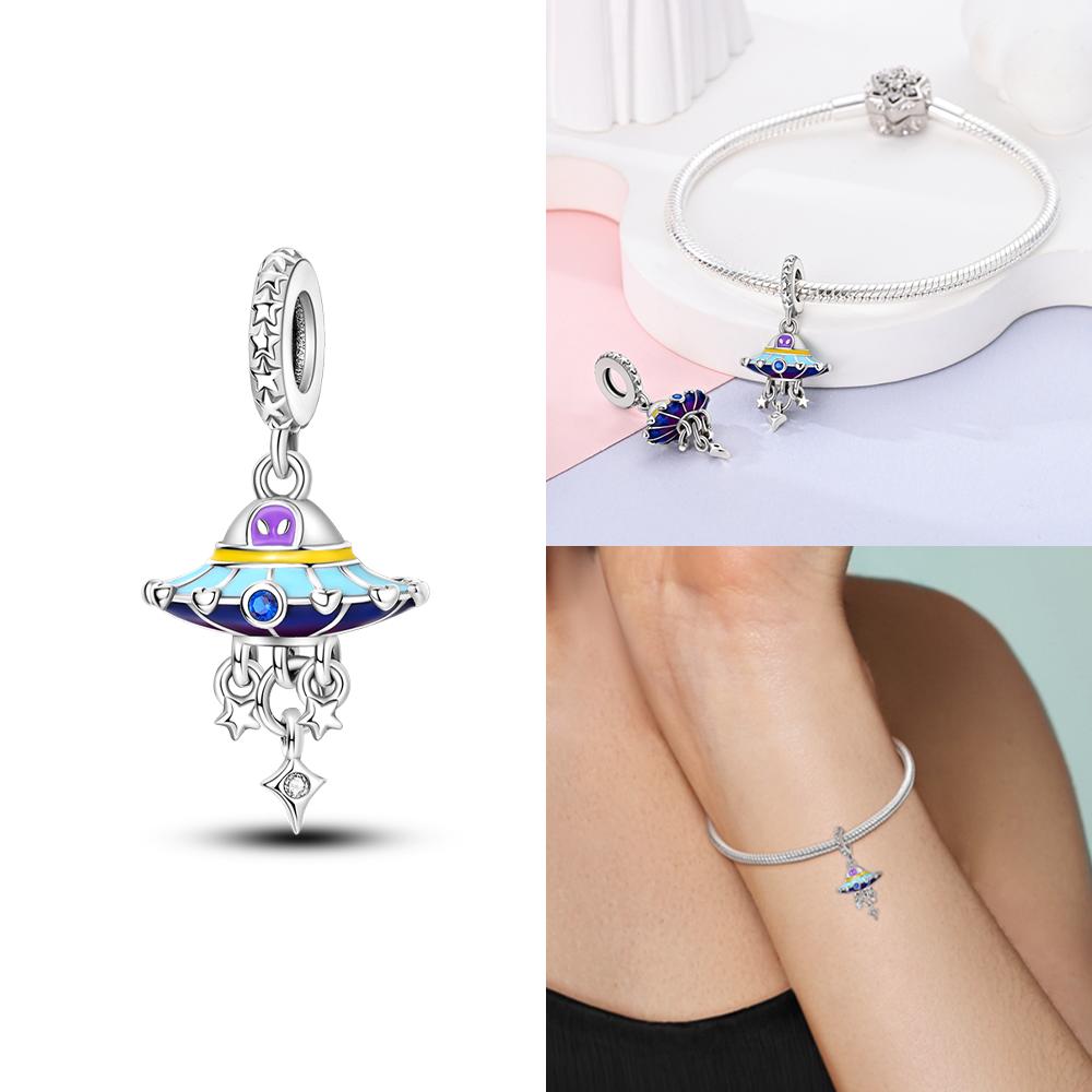 Charms Copper Original Astronauts' Night-Light Solar Rocket Moon Stars Beads Fit Bracelet Women Jewelry Diy Necklace Gift