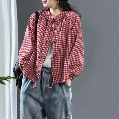 Damen Frühling Vintage Geknöpfter Karomuster Strickjacke Kordelzug Muster Oberteil