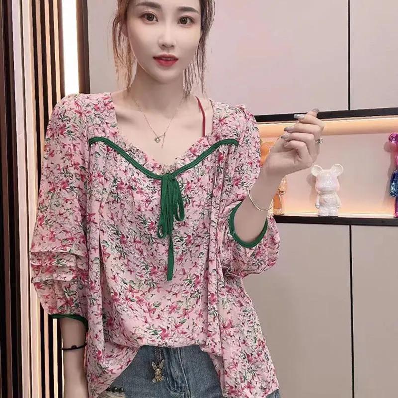 Women Summer Square Collar Chiffon Shirt Design Printing Drawstring Sun Protection Shirt Causal 3/4 Sleeve Tops