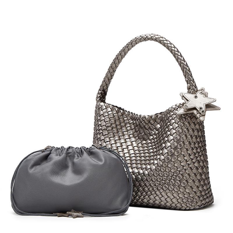 Qiangqiang Champagne Color Handmade Woven Tote: Large Capacity, Lightweight Luxury, Handheld or Shoulder, Mother-Child Bucket Design.