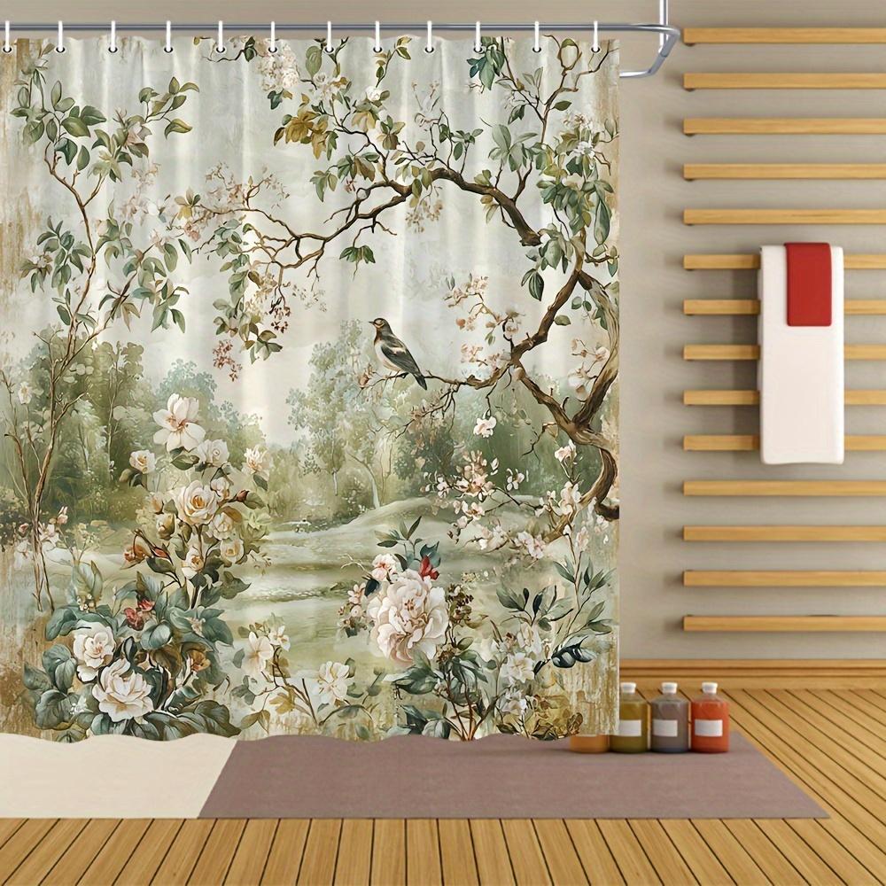 Jessica Chen Vintage Floral Bird Garden Shower Curtain - Polyester Bathroom Decor With Hooks, Serene Nature Scene Design