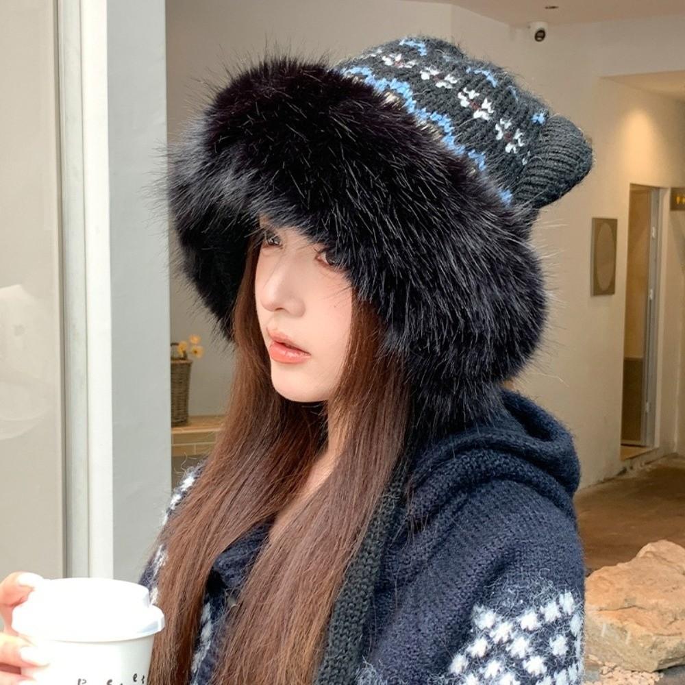 Polyester Cat Ears Hat Ear Flaps Winter Warm Hat Retro Faux Fur Hat  Cold Weather