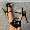 Sexy Woman Sandals Platform Pumps Patent Leather 14CM Thin Heels Summer Buckle Strap Women's Heeled Shoes Black Sandales Femmes