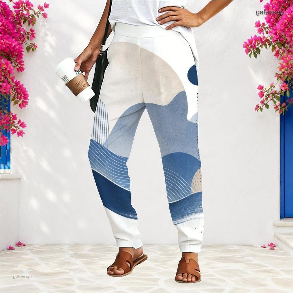 Women Plus Size Loose Straight Long Pants Blue White Printed With Pockets