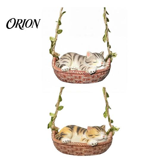 Pastoral Style Gardening Decoration Hanging Basket Cat Statue, Cute Sleeping Kitten Figurine, Animal Sculpture for Patio Resin Ornament Outdoor Garden
