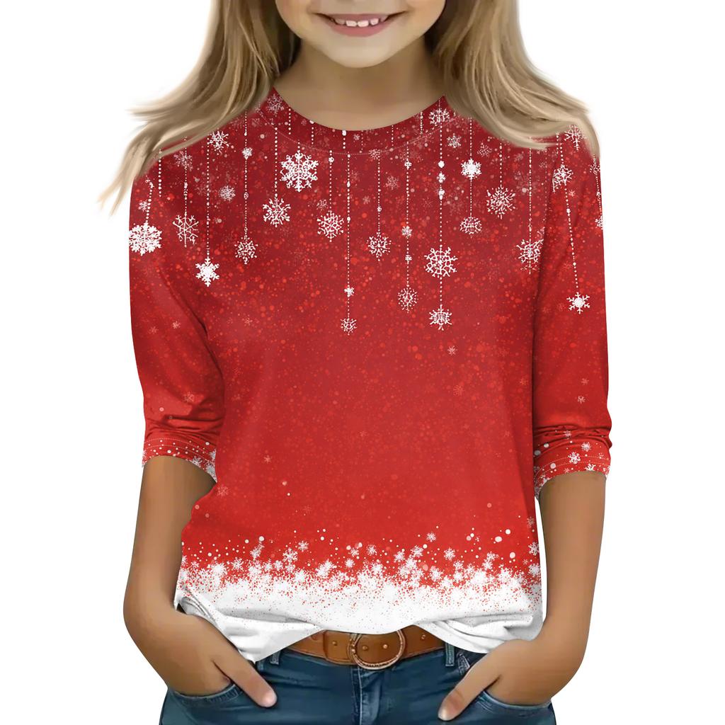 Christmas Day Print Tops For Youth Girls 4-11 Years Round Neck 3/4 Sleeves T-Shirts Trendy Tops Outfit Tees