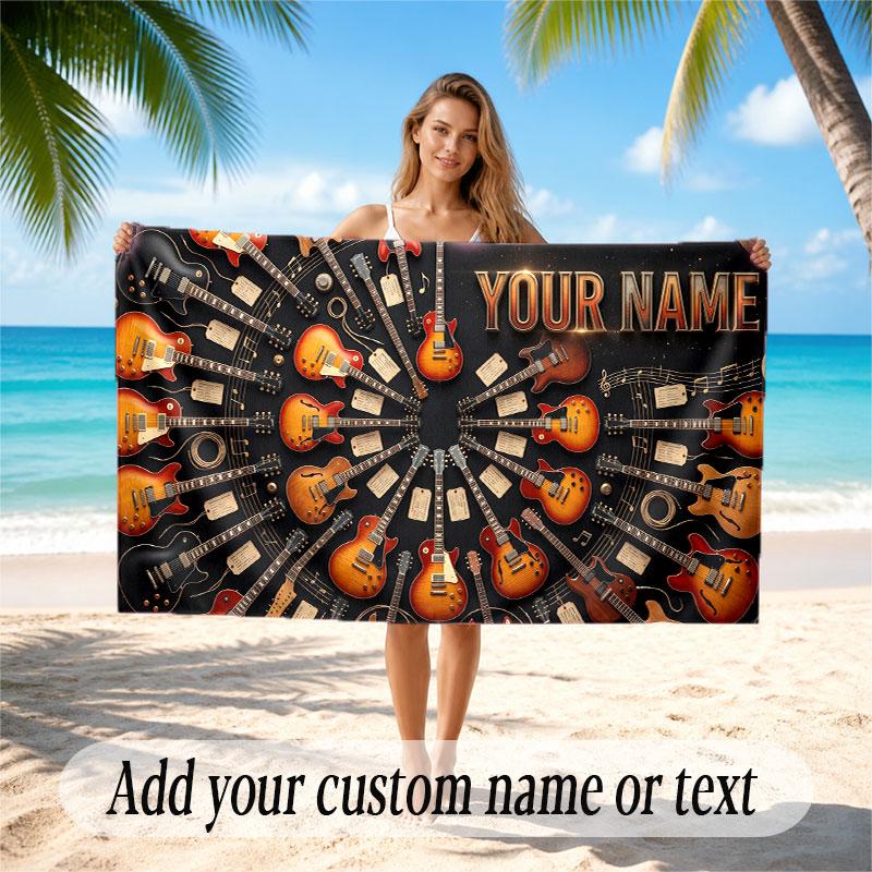 Music Guitar Theme Beach Towel Personalized Custom Name & Text Soft Quick Dry Beach Towel for Swimming Travel