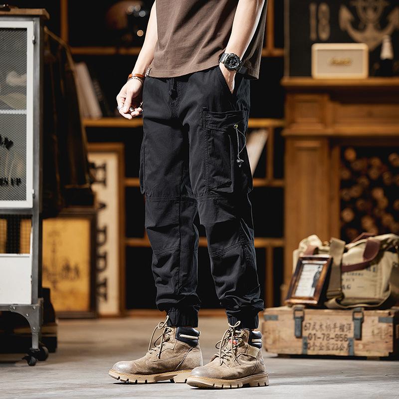 Retro Tying Work Pants for Men's Spring and Autumn Pure Cotton Wear-resistant Work Loose Casual Trousers