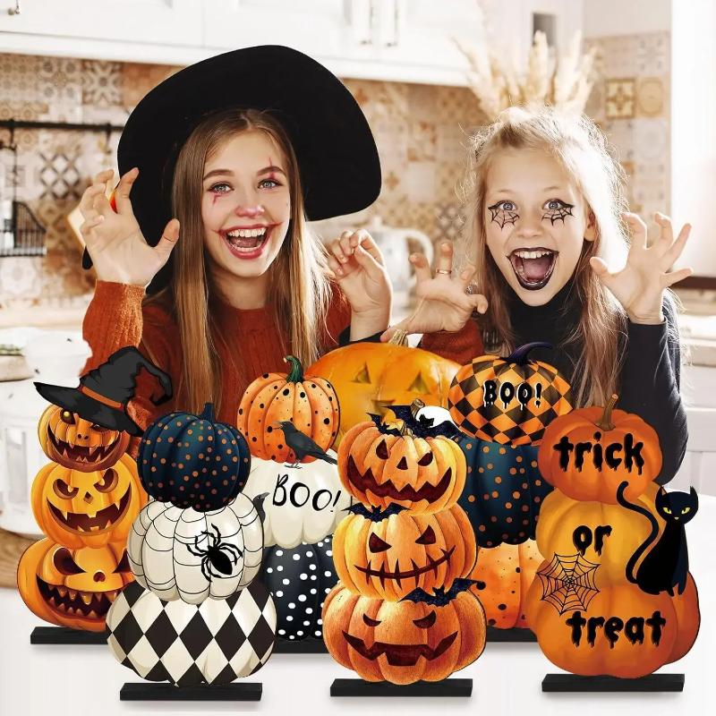 6pcs Halloween Pumpkin Wooden Ornaments Set with Bases Pumpkins for Tabletop Display & Enchanting Party Scene Decoration