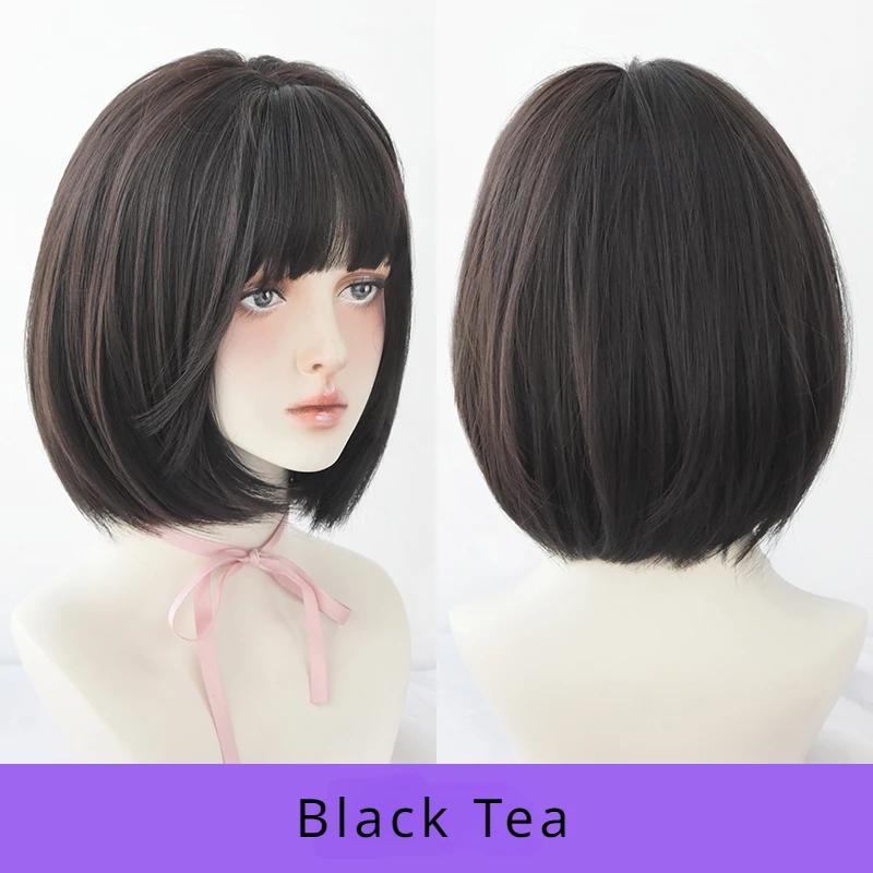 7jhh Wigs Short Straight Chocolate Bob Wig For Women Daily High Density Synthetic Layered Brown Hair Wigs With Neat Bangs