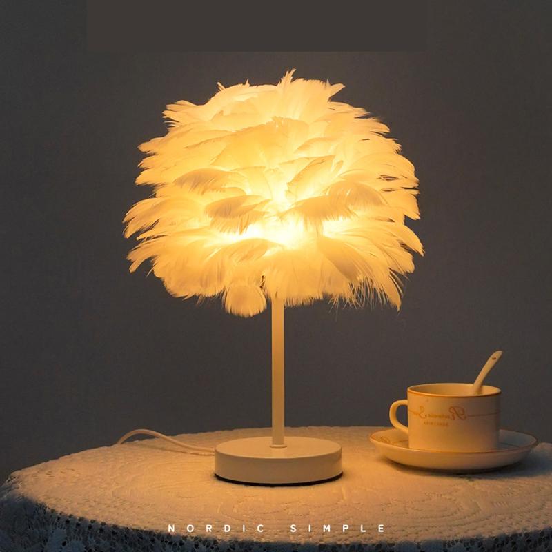 Ins Romantic Feather Table Lamp, Dimmable Bedside Night Light for Bedroom Decor