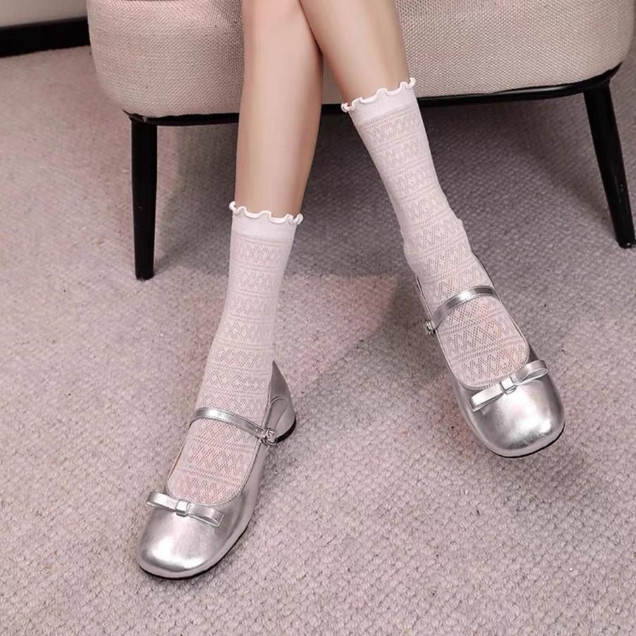 2025 spring and autumn versatile two wear thick heel round head silver Mary Jane shoes French retro bow light mouth single shoes women