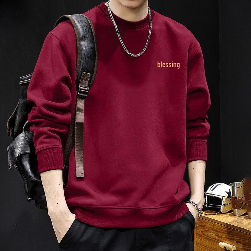 Guochao Men's Oversize Black Hoodie with Round Neck - Warm, Thick, Plus Size for Spring and Autumn.