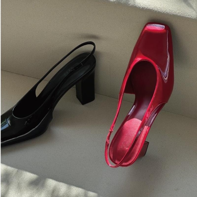 2025 Shallow Slip on Sandalias De Mujer Square Toes High Heels Back Strap Woman Pumps Metal Decoration Zapatos Mujer