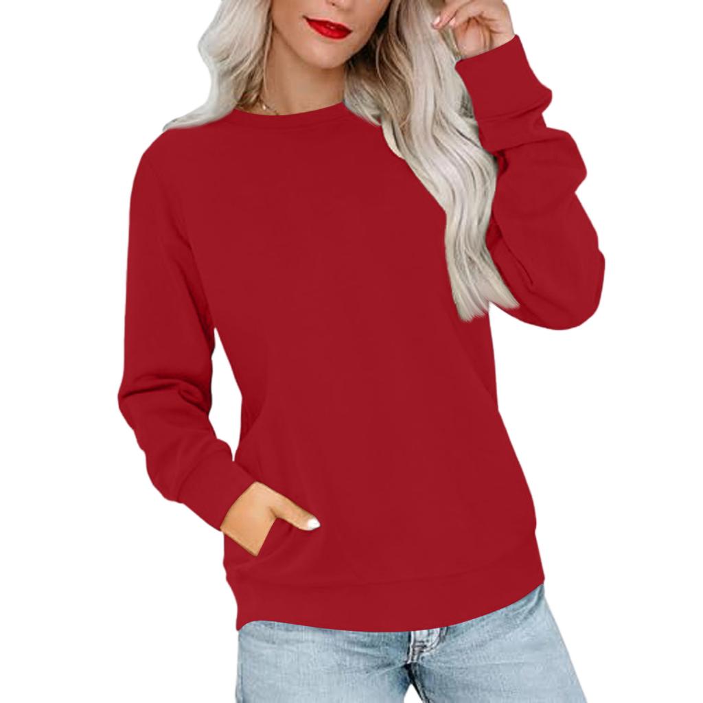 Women's Casual Fashion Solid Color Neck Long Sleeve Sweatshirt Lightweight Pullover With Side Pockets Warm Sweatshirt