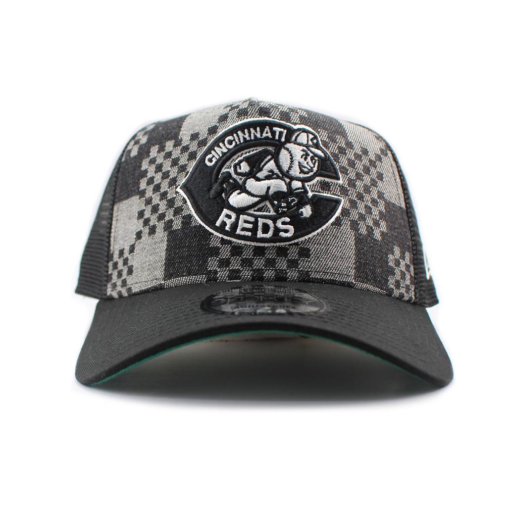 New Era Mesh Cap 9FORTY Cincinnati Reds MLB A-FRAME DENIM BLACK PATTERN COOPERSTOWN MESH CAP CINCINNATI REDS Hat 940AF A-Frame Blue [Used]