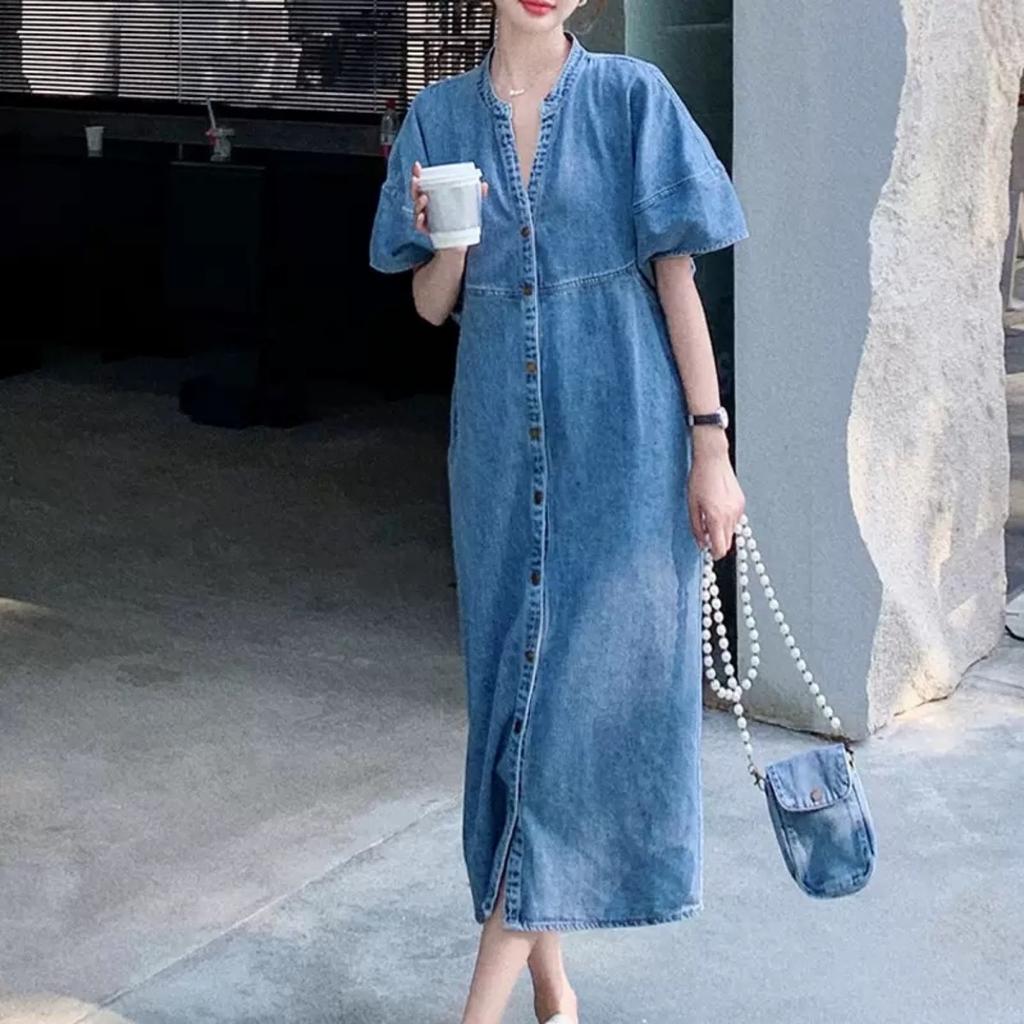 French Vintage Washed Denim Dress Women Slimming Pear Shape Body Casual V-neck Mini Dress Short Sleeve Empire Waist