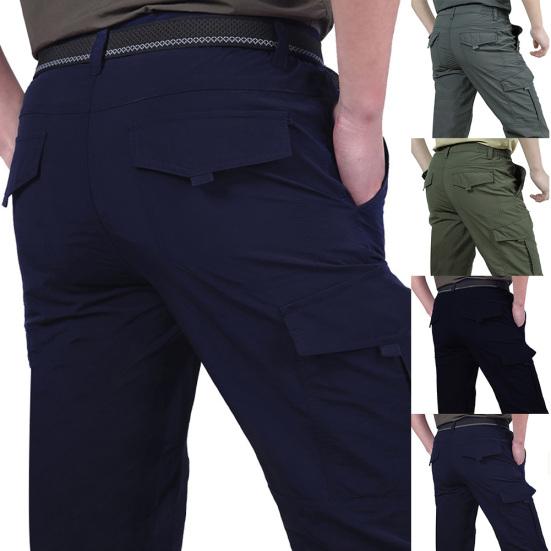 Men Solid Color Quick Dry Thin Multi-pocket Long Cargo Pants Outdoor Trousers