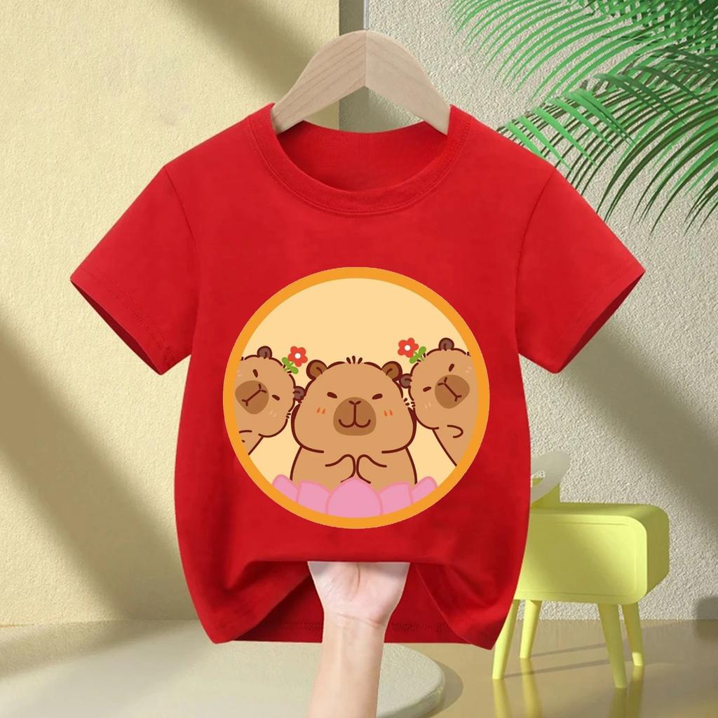 Summer New Trend Capybara Printing Cute Childrens ShortSleeved TShirt Cute Comfortable Versatile Boy and Girl TShirt