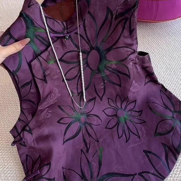 2025 Summer Skinny Versatile Top Purple Temperament Design Printed Sleeveless Vest Women