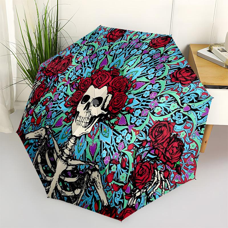 

Skull Roses Themed Automatic Opening and Closing Umbrella, Compact Travel Umbrella, Lightweight and Portable, Suitable for Beach Commuting B